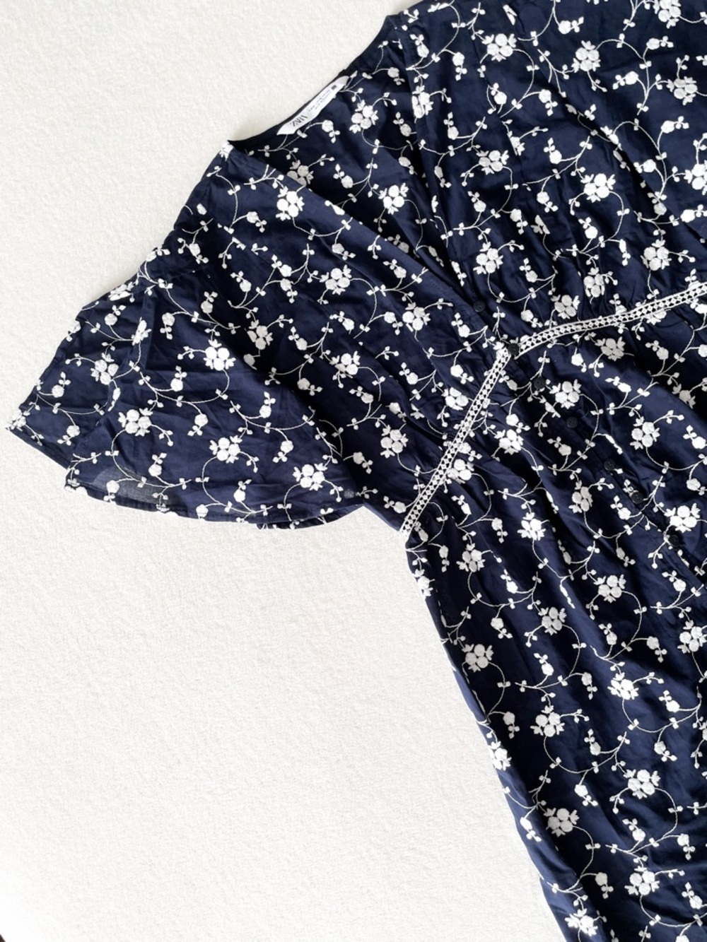 Zara Embroidered Floral Midi Dress with Lace Trim